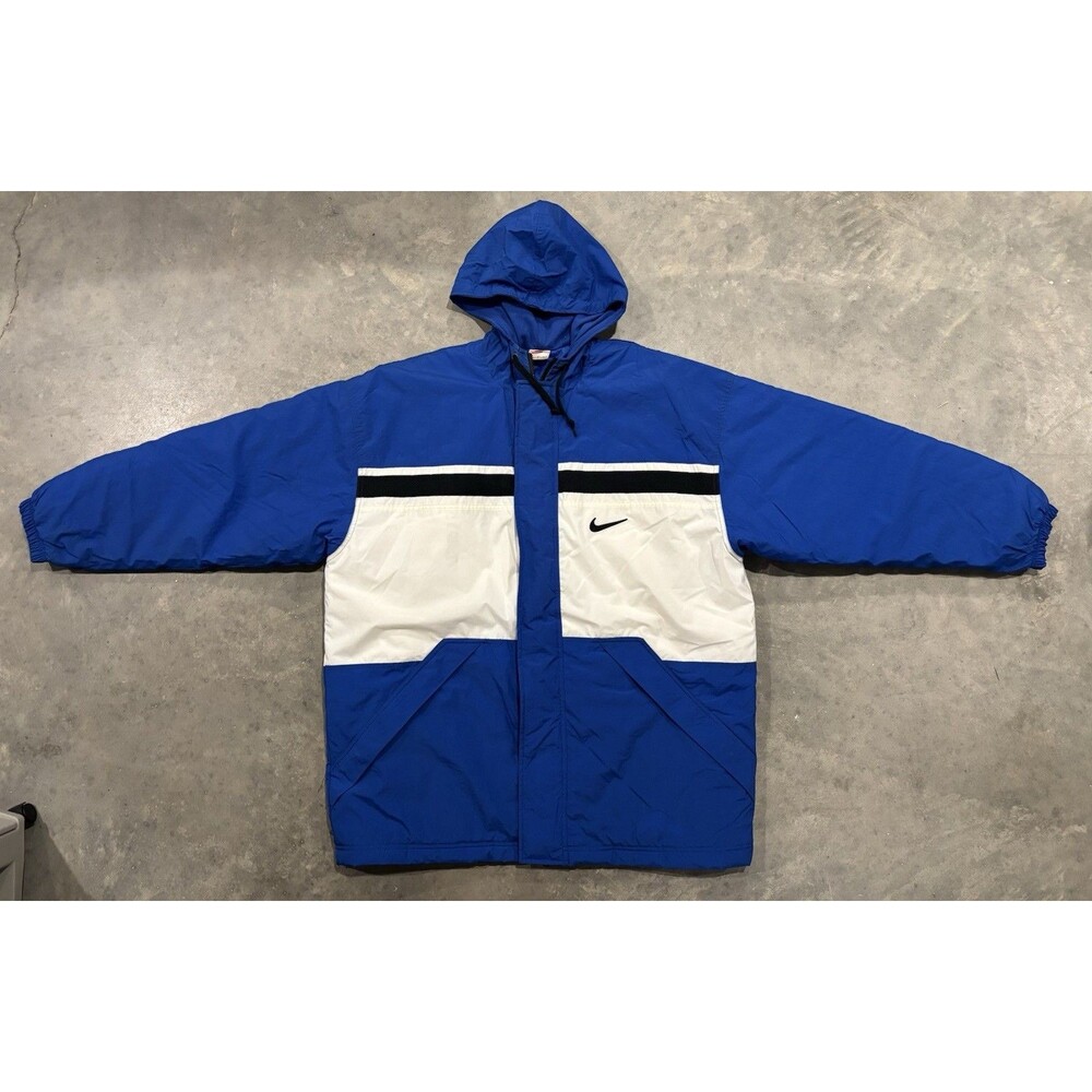 Vintage Nike Jacket Men Large Blue White Parka Hooded Windbreaker Colorblock 90s